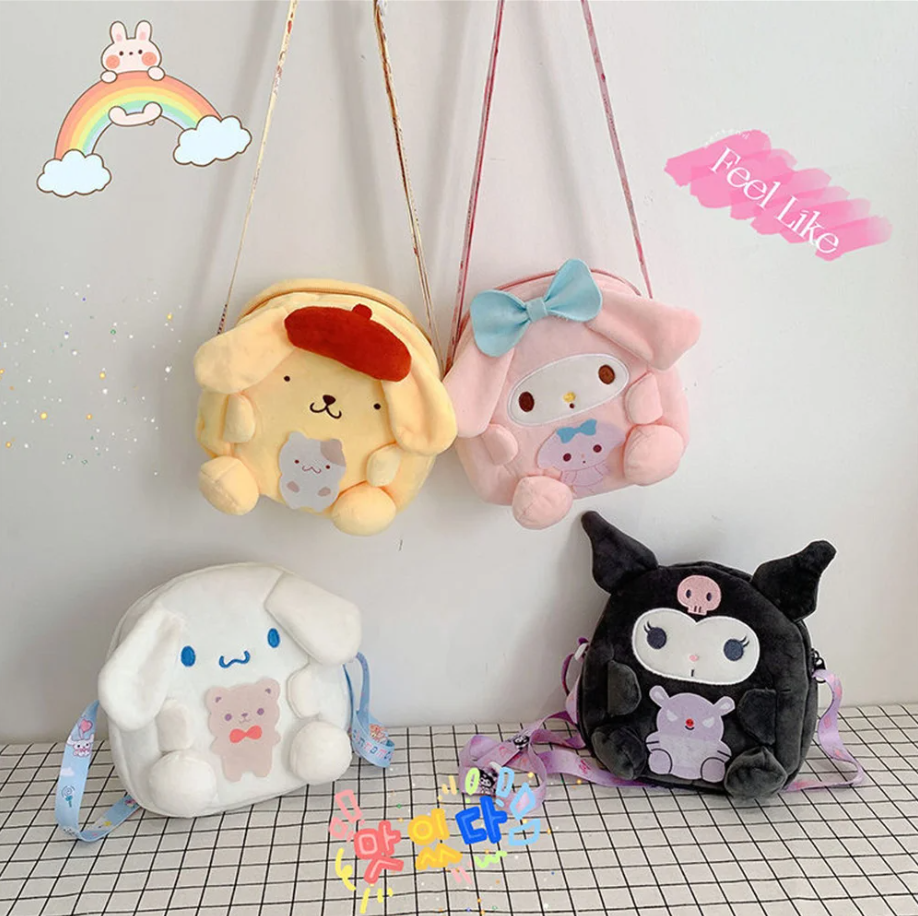 cartera de kuromi, pompompurin, my melody, cinnamoroll