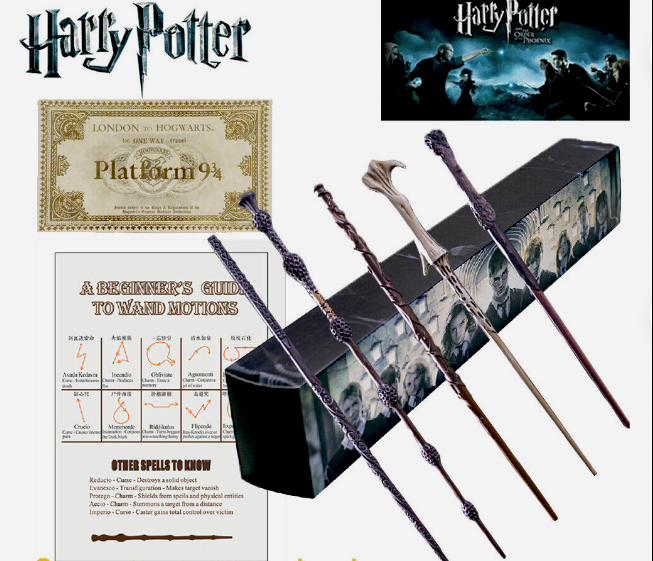 varita de sauco Dumbledore 42 cm + ticket de plataforma 9 3/4 + guia de encantamientos