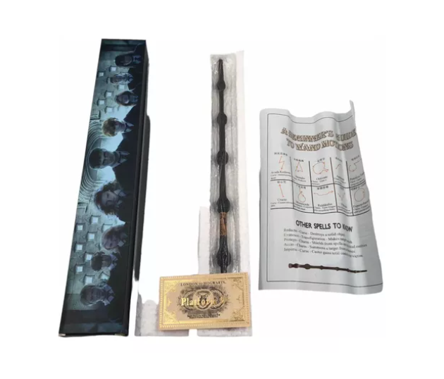 Varita de Harry Potter 42 cm + ticket de plataforma 9 3/4 y guia de hechizos